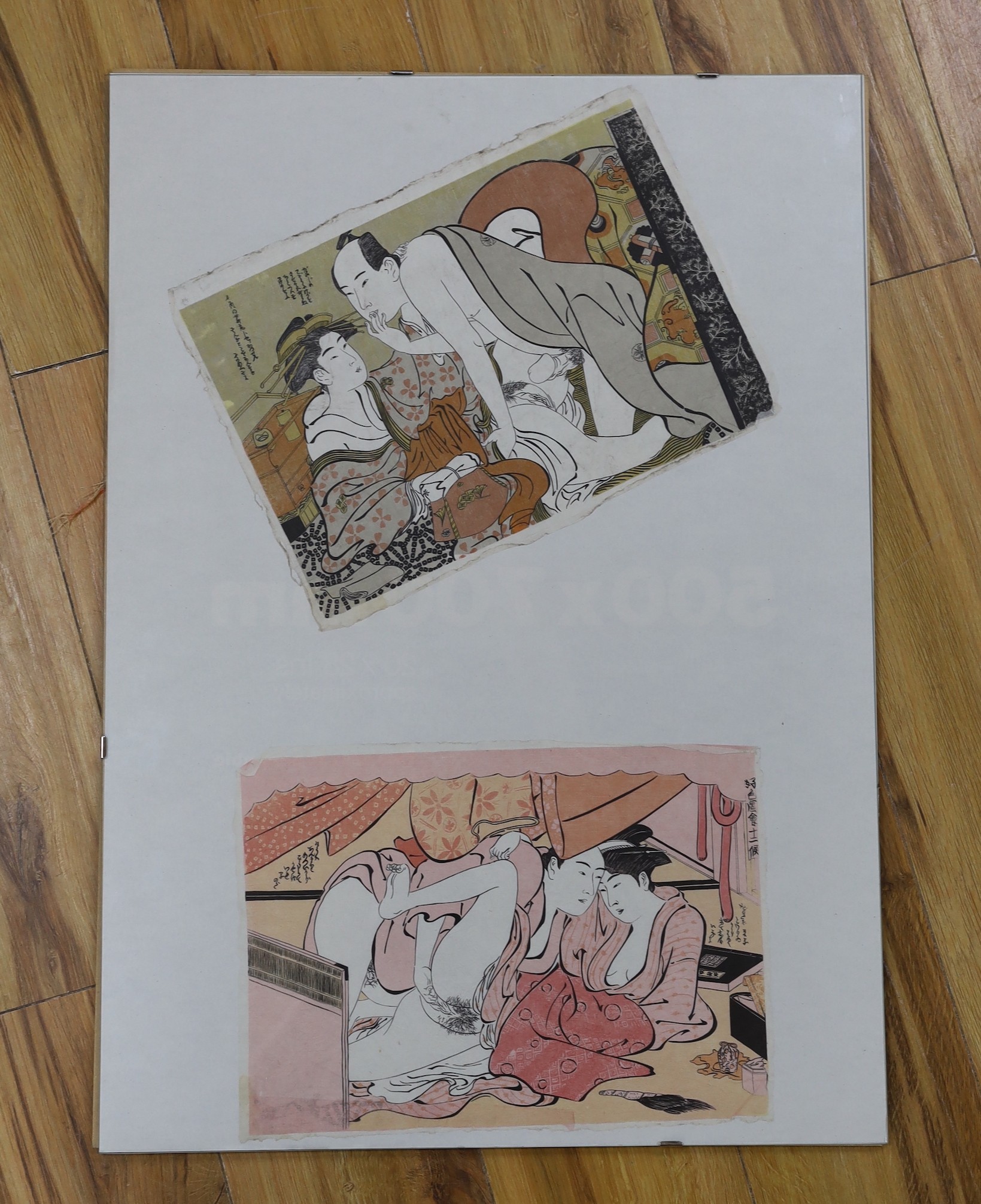 Utamaro (1753-1806), two woodblock prints, Erotica, 25 x 34cm.